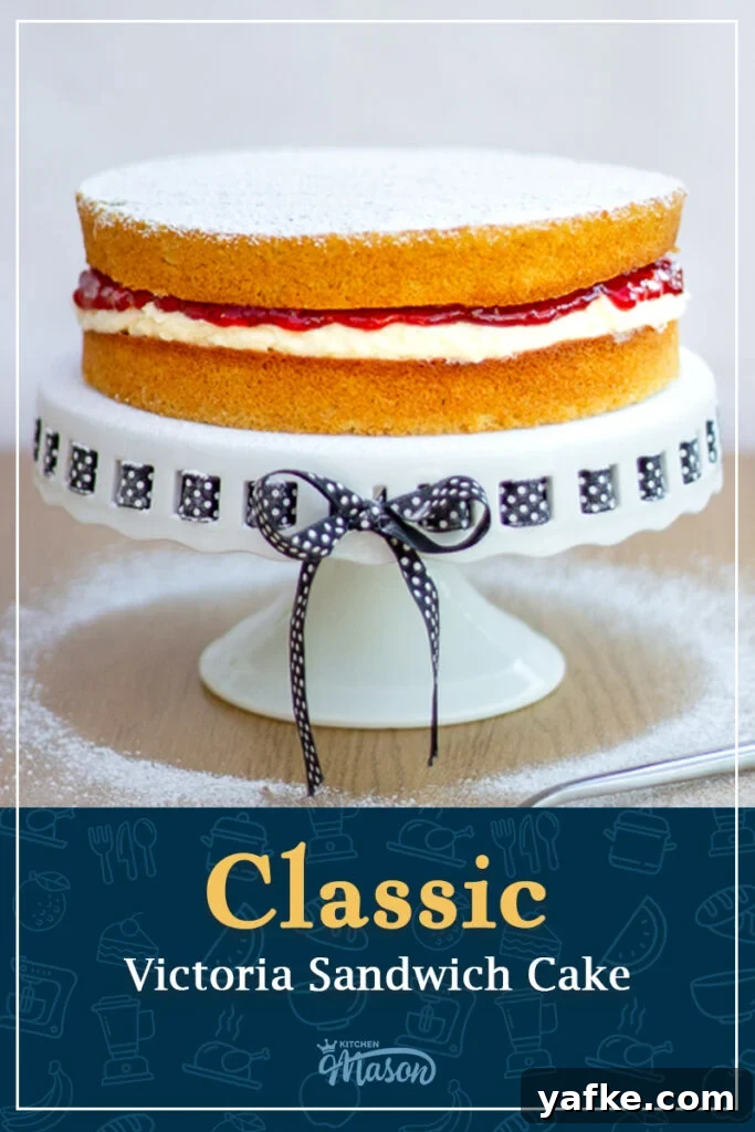 A Victoria sandwich cake on a cake stand with a cake slice