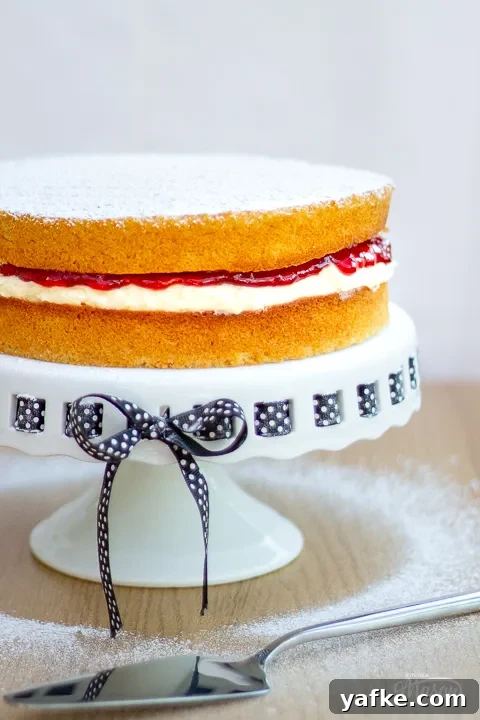 a Victoria sponge cake on a cake stand dusted with icing sugar
