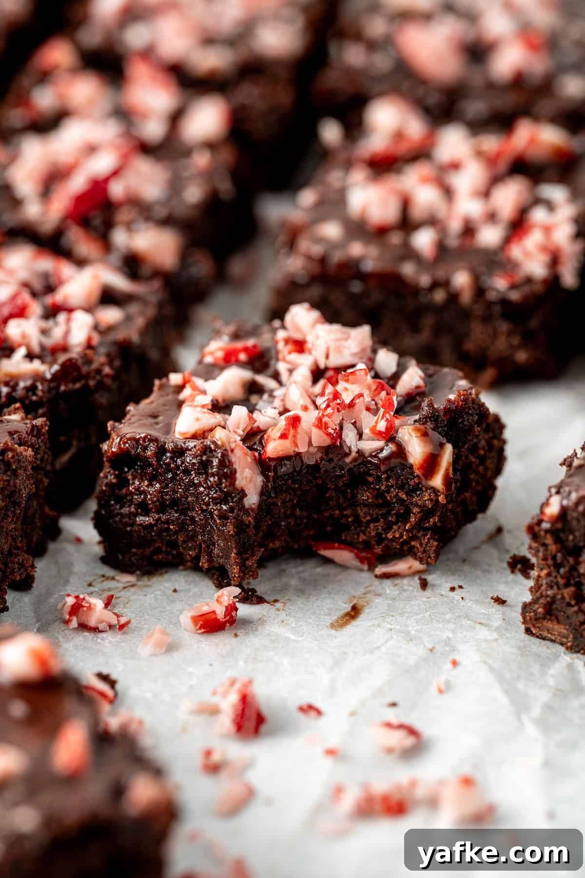 Chocolate Peppermint Brownies: Gluten and Dairy-Free 14 Close up of a chocolate peppermint brownie with a bite taken.