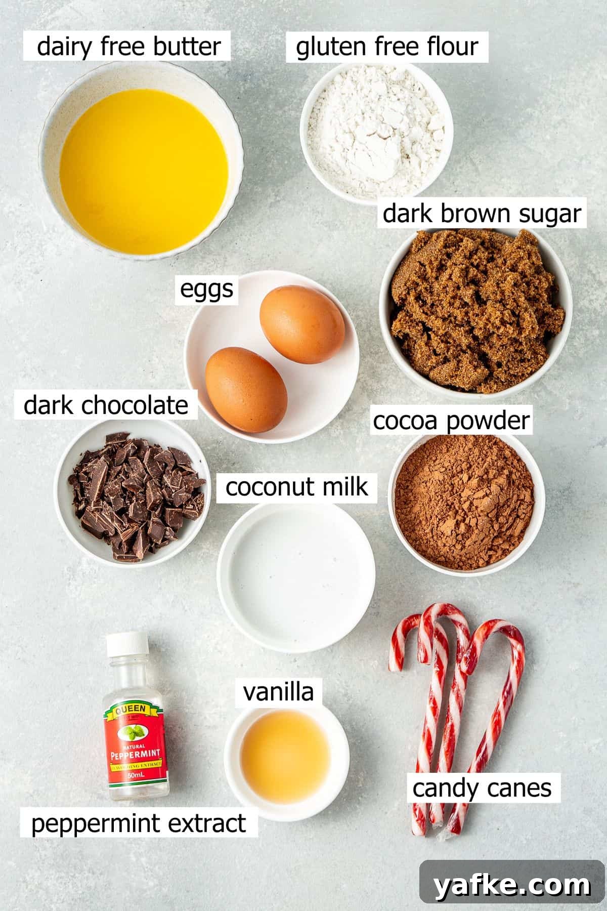 Chocolate Peppermint Brownies: Gluten and Dairy-Free 3 All ingredients needed to make gluten free chocolate peppermint brownies laid out.