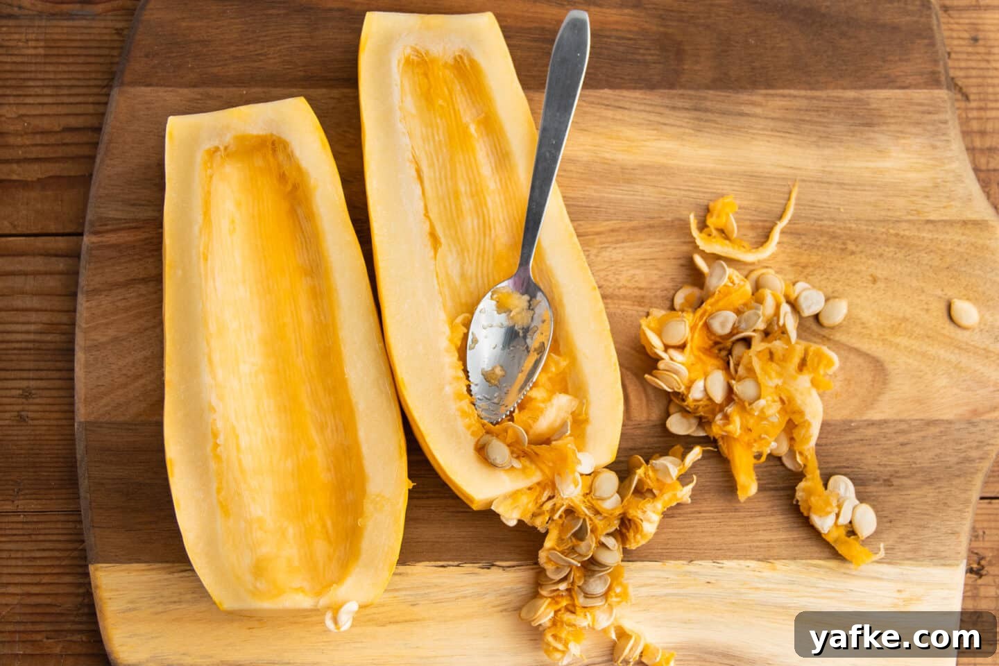 This is a picture of removing the seeds of the squash.