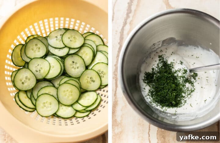 Creamy Cucumber Salad Recipe with Dill and Yogurt 2 salting cucumber and making dressing in a bowl for creamy cucumber salad