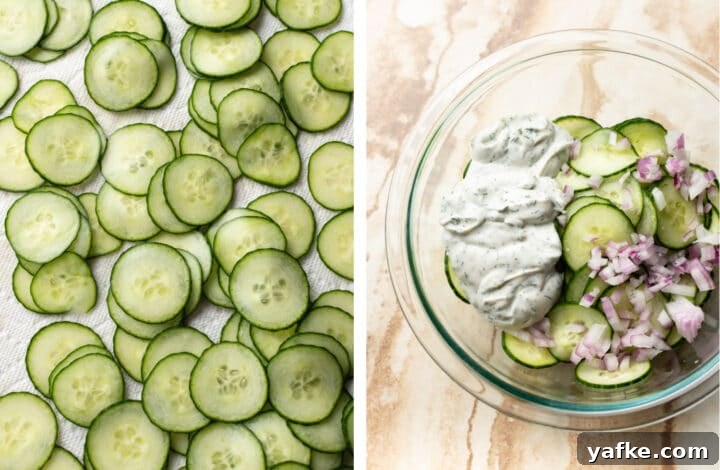 Creamy Cucumber Salad Recipe with Dill and Yogurt 3 assembling creamy cucumber salad in a bowl