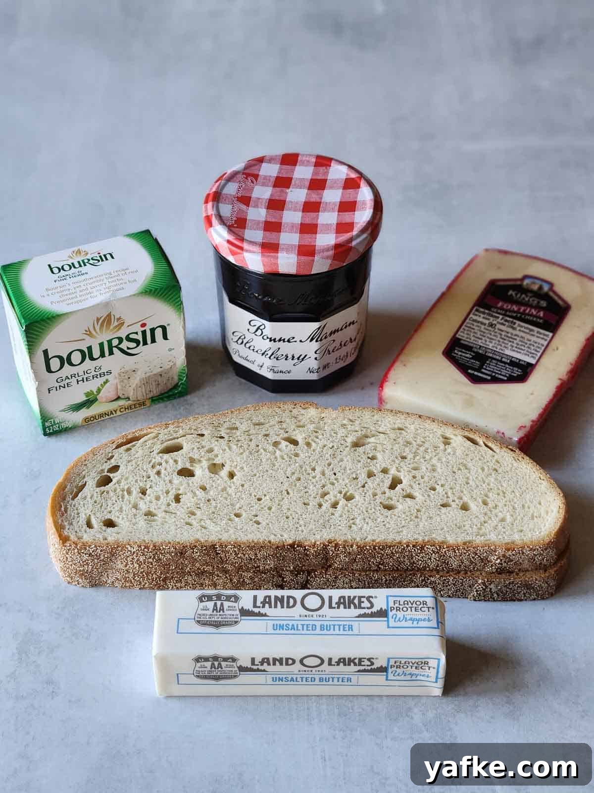 Boursin and Blackberry Grilled Cheese Sandwich 3 Ingredients for blackberry Boursin grilled cheese on a grey surface.