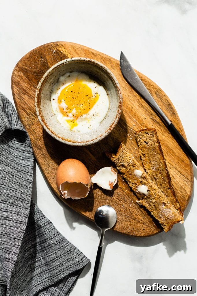How to Make Silky Sous Vide Poached Eggs 6 sous vide poached eggs in bowl overhead