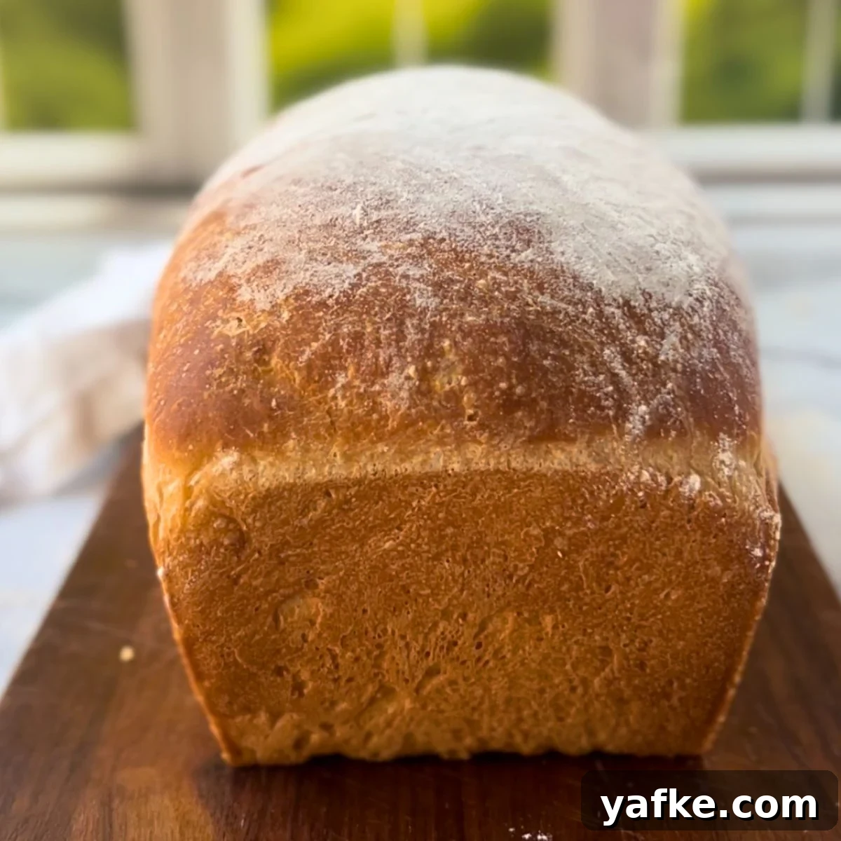 baked loaf of bread dusted with flour.
