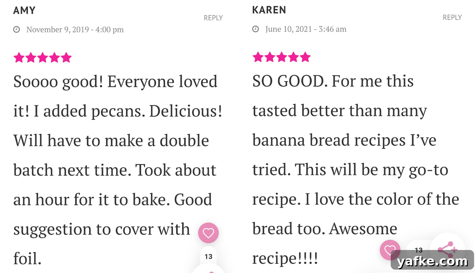 Two reviews from my popular Banana Bread Recipe for 2 Bananas.