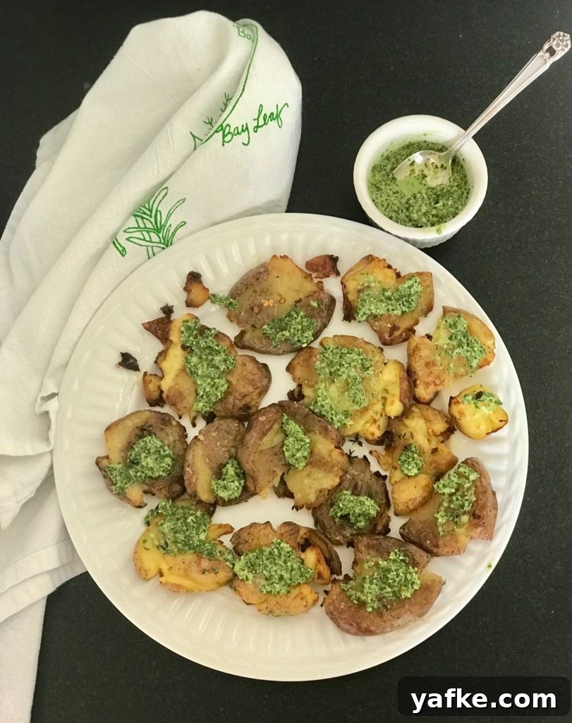 Crispy Smashed Potatoes Topped with Fresh Pesto 2 Crispy Smashed Potatoes with Pesto