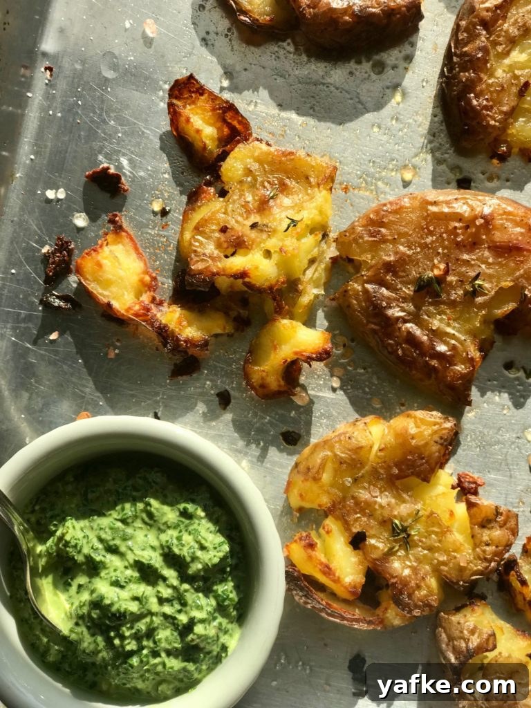 Crispy Smashed Potatoes Topped with Fresh Pesto 6 Crispy Smashed Potatoes with Pesto