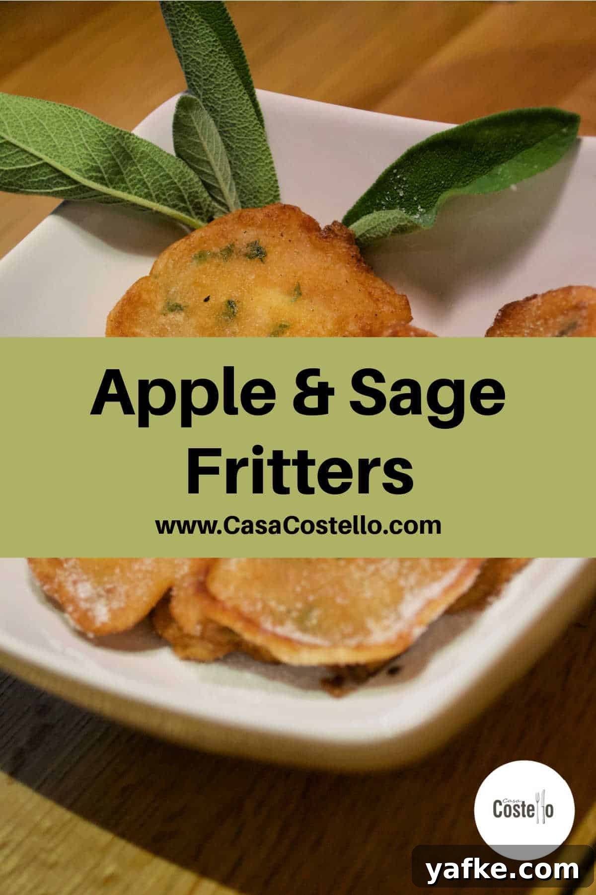 Apple Fritters: With and Without Sage Recipes 2 Title picture for Apple and Sage Fritters on a plate sprinkled with sugar