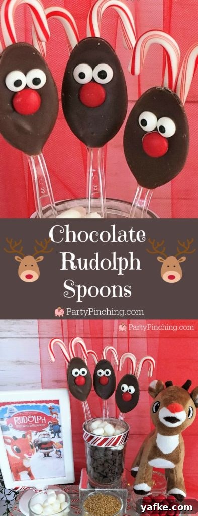 Rudolph Reindeer Chocolate Spoons Recipe for Christmas 2 Rudolph the red-nosed reindeer chocolate spoons, Christmas movie snack ideas, Rudolph reindeer hot chocolate cocoa spoons, cute hot cocoa chocolate spoons, candy cane spoons, Christmas party ideas, holiday Christmas spoons for gift giving, Christmas reindeer food snack treat for kids