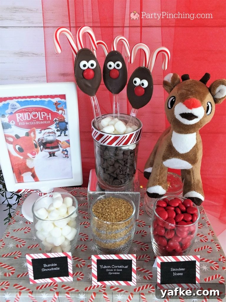 Rudolph Reindeer Chocolate Spoons Recipe for Christmas 3 Rudolph the red-nosed reindeer chocolate spoons, Christmas movie snack ideas, Rudolph reindeer hot chocolate cocoa spoons, cute hot cocoa chocolate spoons, candy cane spoons, Christmas party ideas, holiday Christmas spoons for gift giving, Christmas reindeer food snack treat for kids