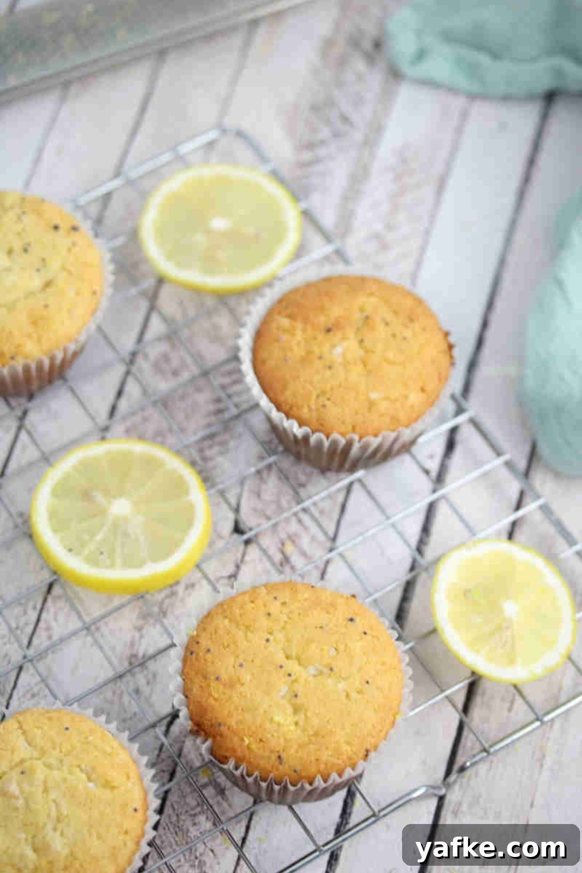 Zesty Gluten Free Lemon Protein Muffins Recipe 2 Lemon protein muffins on a cooling rack with lemons around them.
