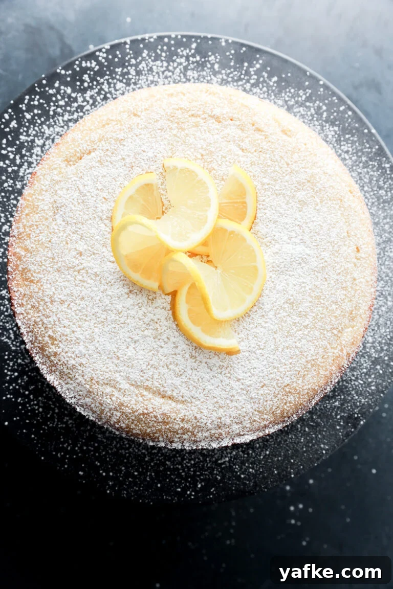 A round lemon ricotta cake dusted with powdered sugar, topped with several lemon slices, displayed on a dark plate against a dark background.