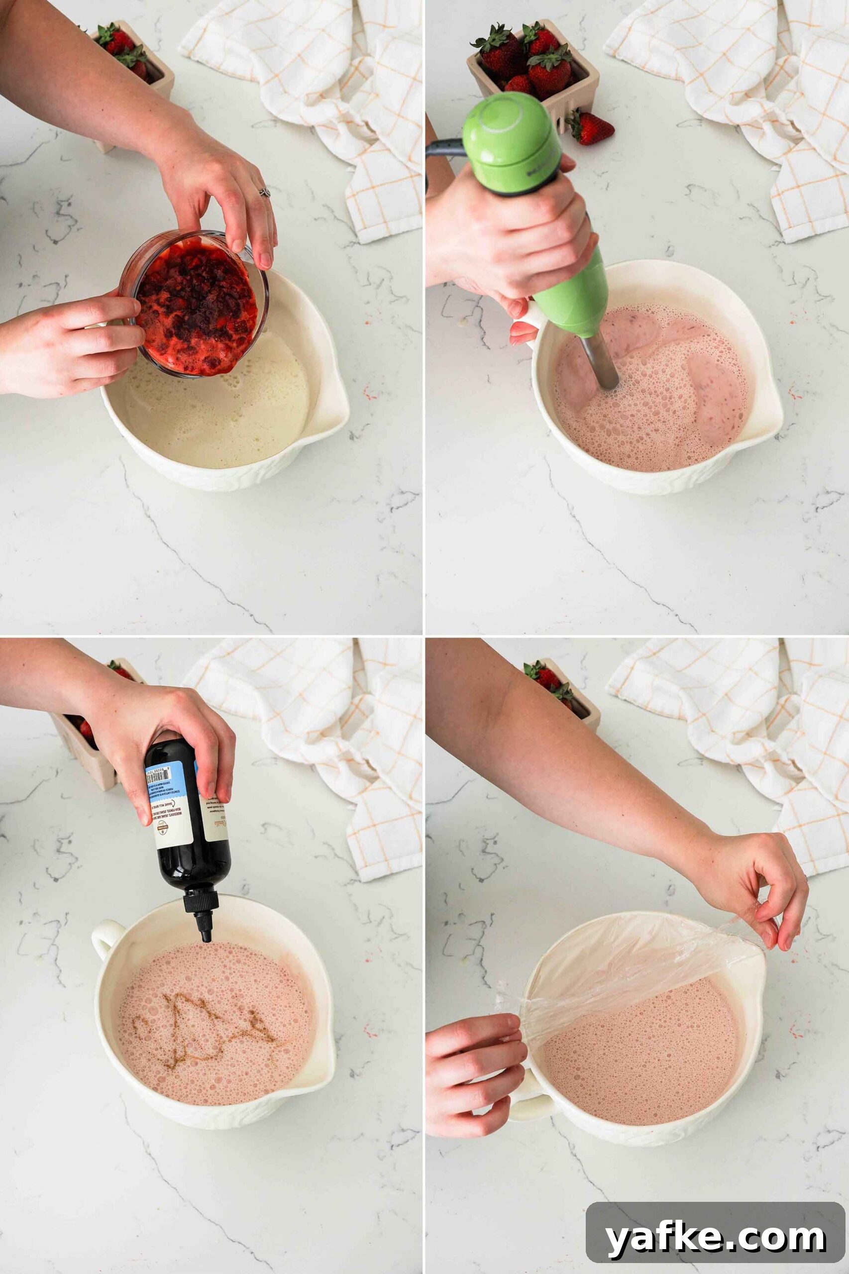 Creamy Homemade Strawberry Ice Cream Recipe 10 Add the strawberry jam to the custard base, then blend with an immersion blender, if desired. Add vanilla before covering and chilling in the fridge until cold to the touch.