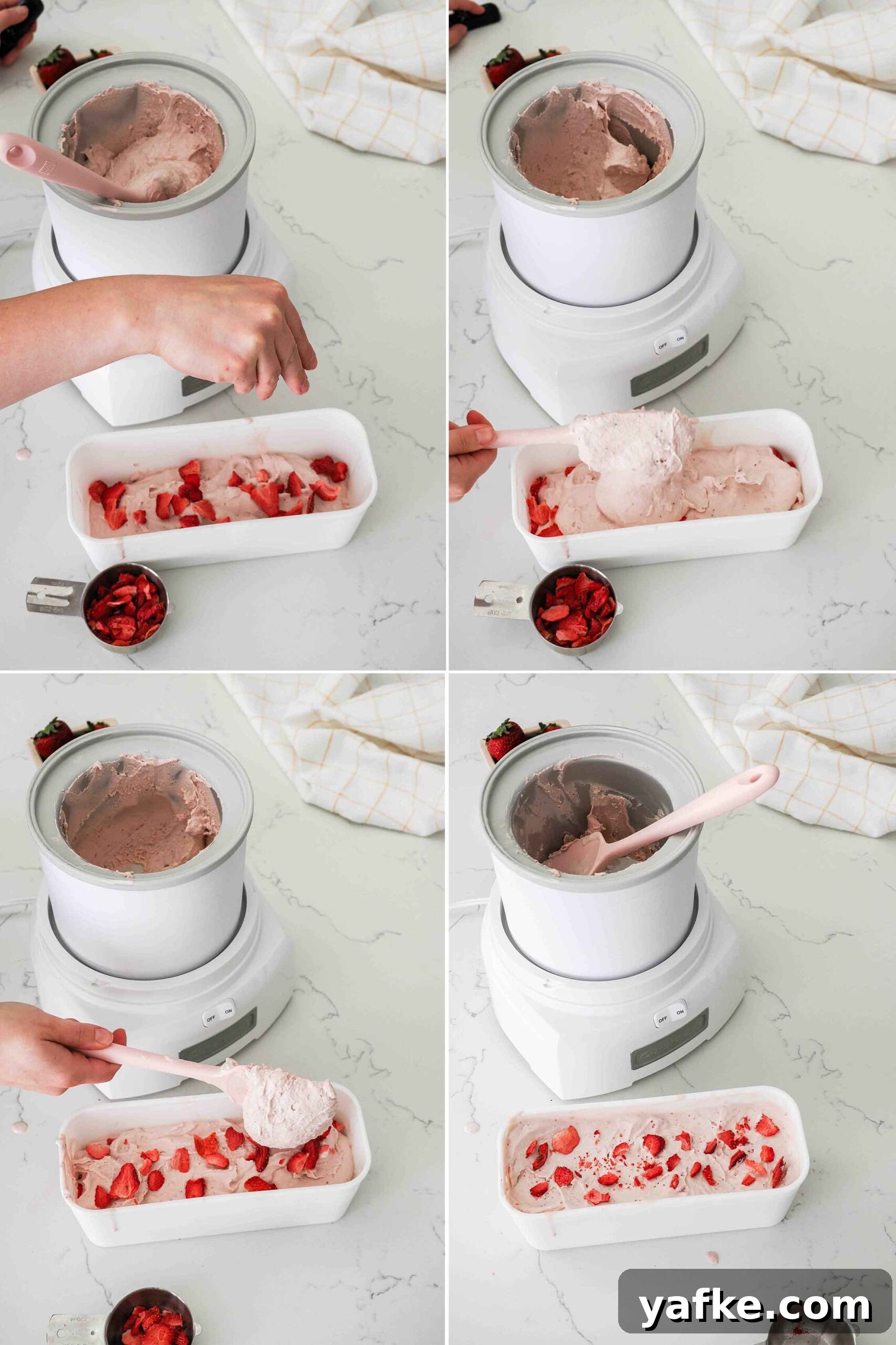 Creamy Homemade Strawberry Ice Cream Recipe 13 A four part graphic showing how to layer freeze-dried strawberries into a container with freshly churned strawberry ice cream.