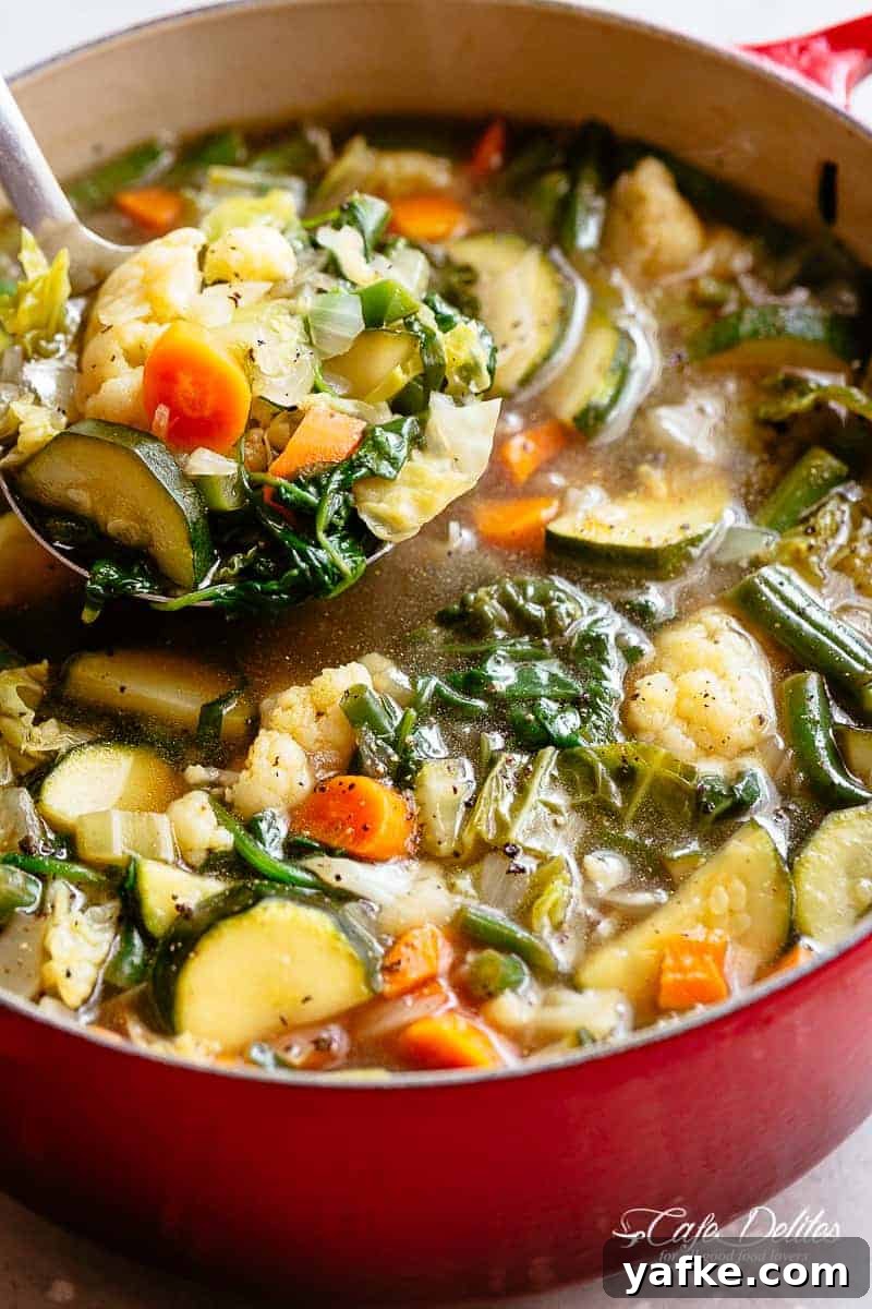 Vegetable Soup Zoom in image of A ladle scooping vegetable soup from a large pot.