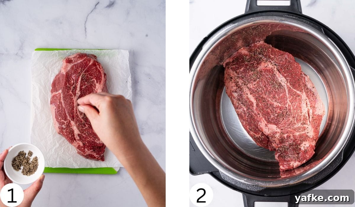 Instant Pot Mississippi Roast with Pepperoncini and Butter 5 Process of seasoning beef and searing for Instant Pot Mississippi Pot Roast.