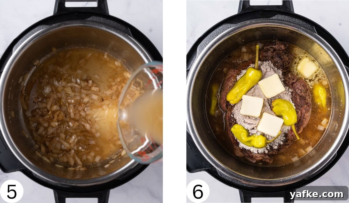 Instant Pot Mississippi Roast with Pepperoncini and Butter 6 Process of deglazing pot and layering in the ingredients for Mississippi Pot Roast.