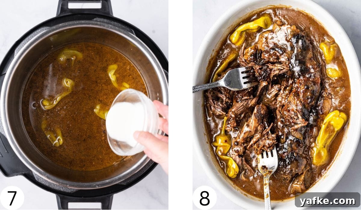 Instant Pot Mississippi Roast with Pepperoncini and Butter 7 Thickening gravy and shredding beef for Instant Pot Mississippi Pot Roast.