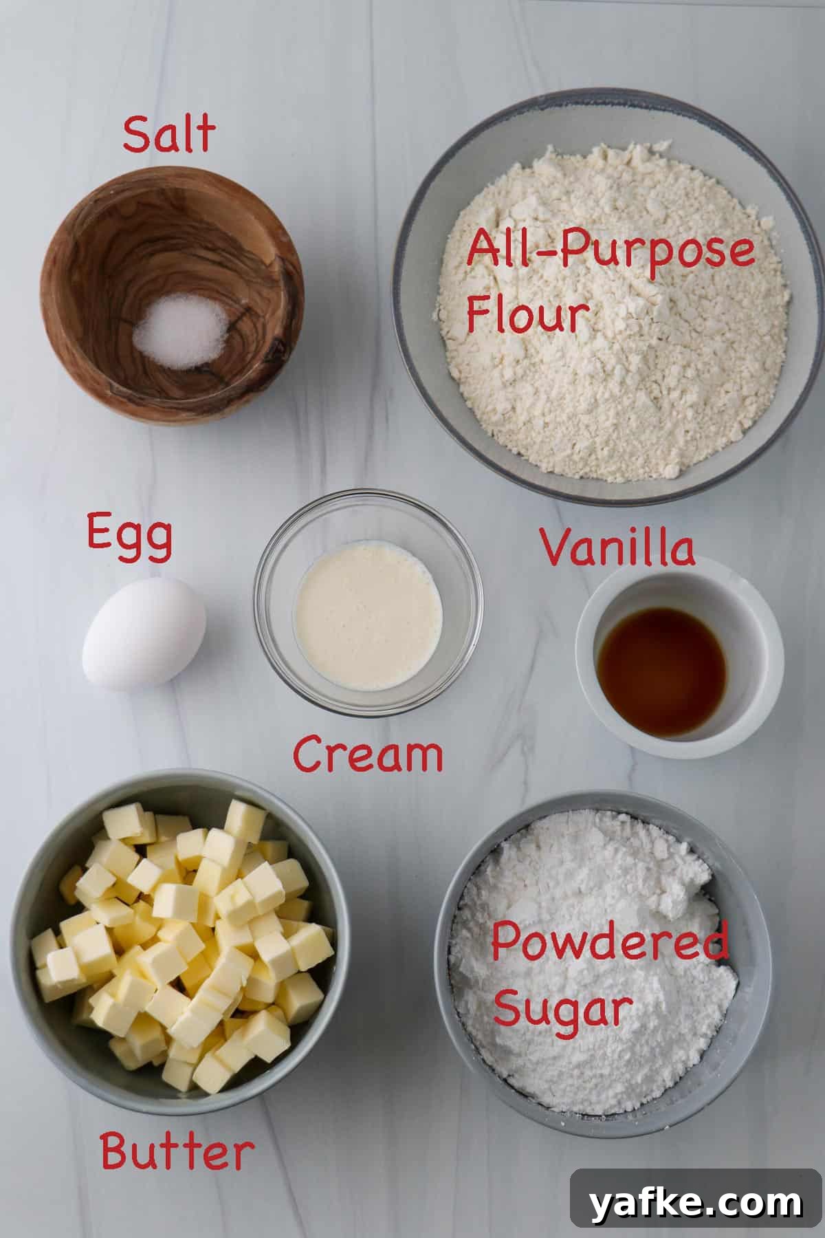Vaniljhjärtan: Buttery Swedish Custard Heart Cookies 2 Labeled ingredients for pastry dough.