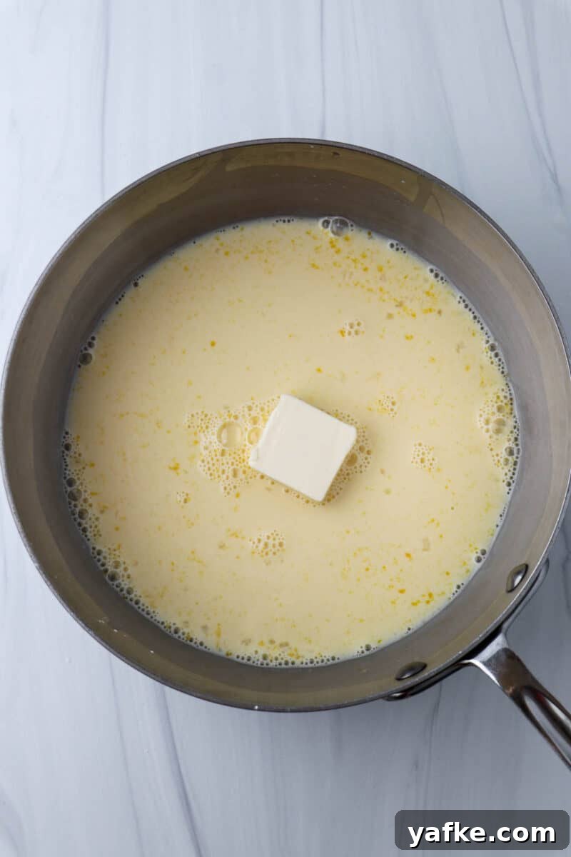 Vaniljhjärtan: Buttery Swedish Custard Heart Cookies 8 Pastry cream ingredients in a saucepan.