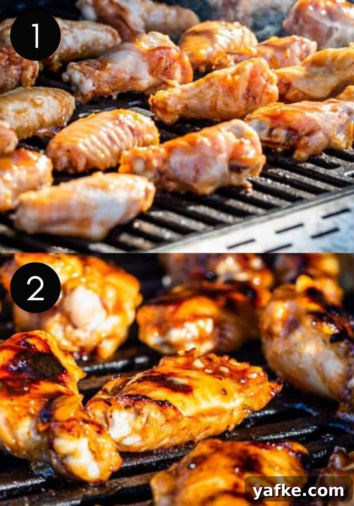 Two image collage showing chicken wings being grilled with numbered pictures.