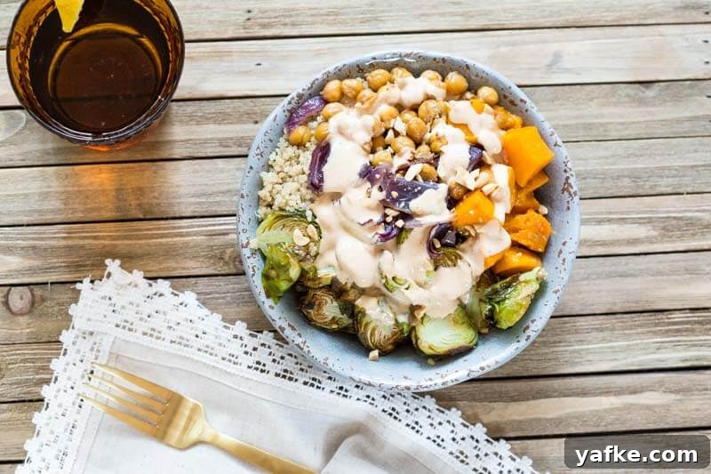 Plant-Based Diet: What It Is and How to Get Started 4 This Vegetarian Nourish Bowl is power packed with nutritious and detoxifying foods that will nourish your body from the inside out! Roasted butternut squash, Brussels sprouts, garbanzo beans and quinoa drizzled with a lemon peanut sauce....YUMMA!