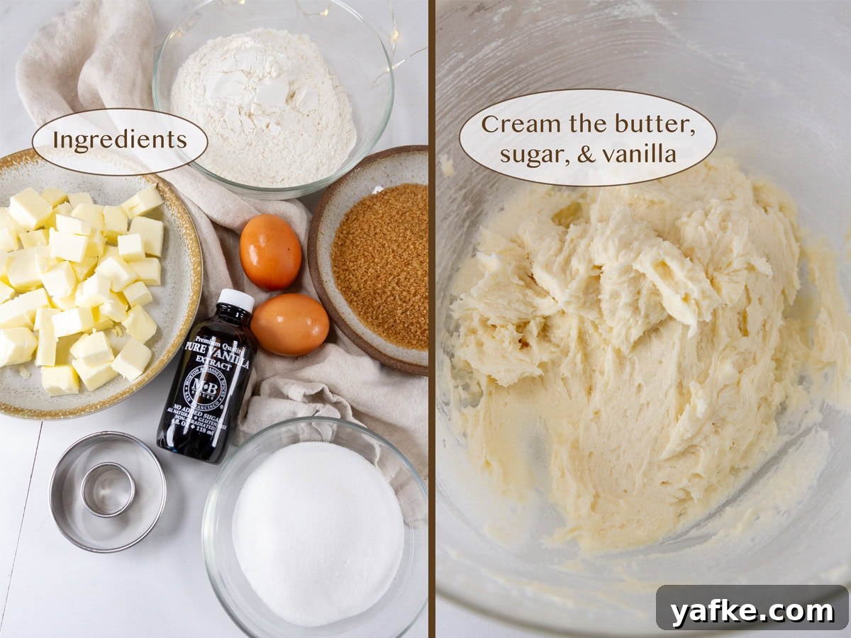 Classic Danish Salted Butter Cookies Recipe 5 Ingredients on left and creamed butter and sugar on right.
