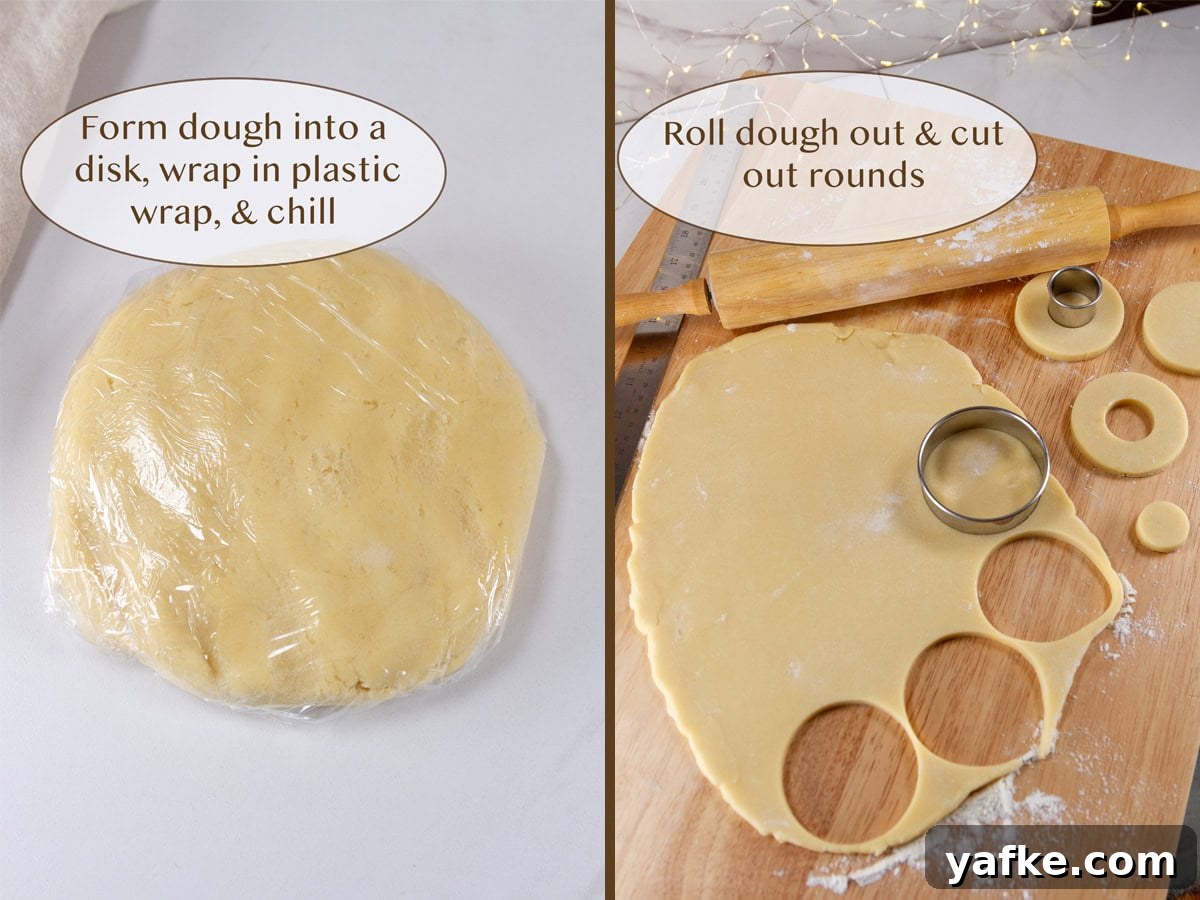 Classic Danish Salted Butter Cookies Recipe 7 A cookie dough disk wrapped in plastic on left and rolled out and cutting it on right.