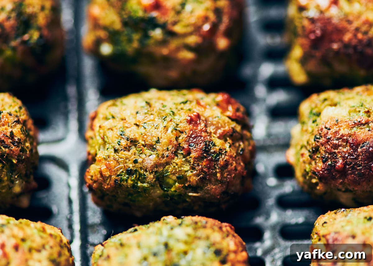 Crispy Air Fryer Broccoli Tater Tots 10 Air fryer broccoli tots after being baked.