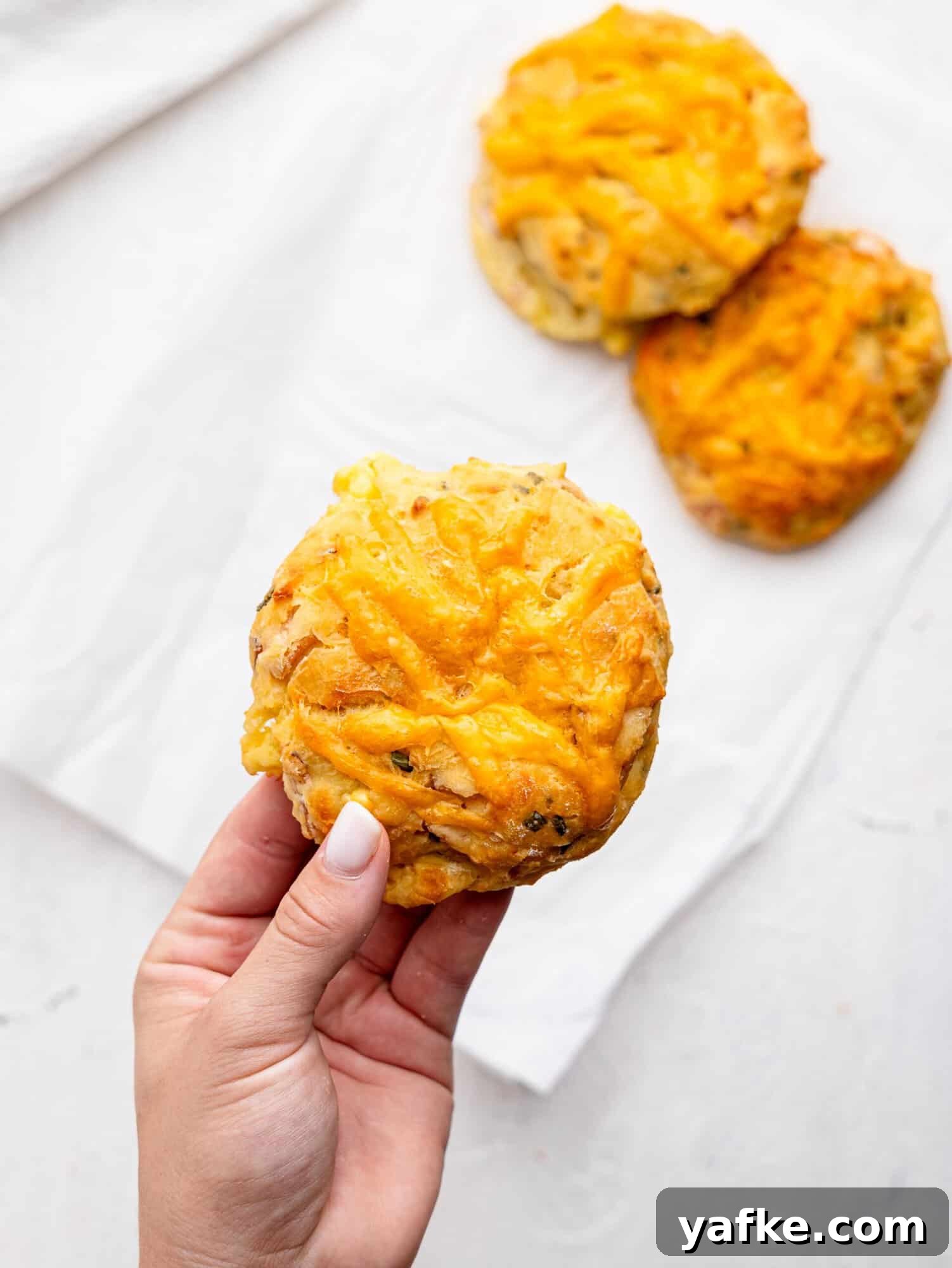High-Protein Butter-Free Biscuits Recipe 4 A hand holding a breakfast biscuit.
