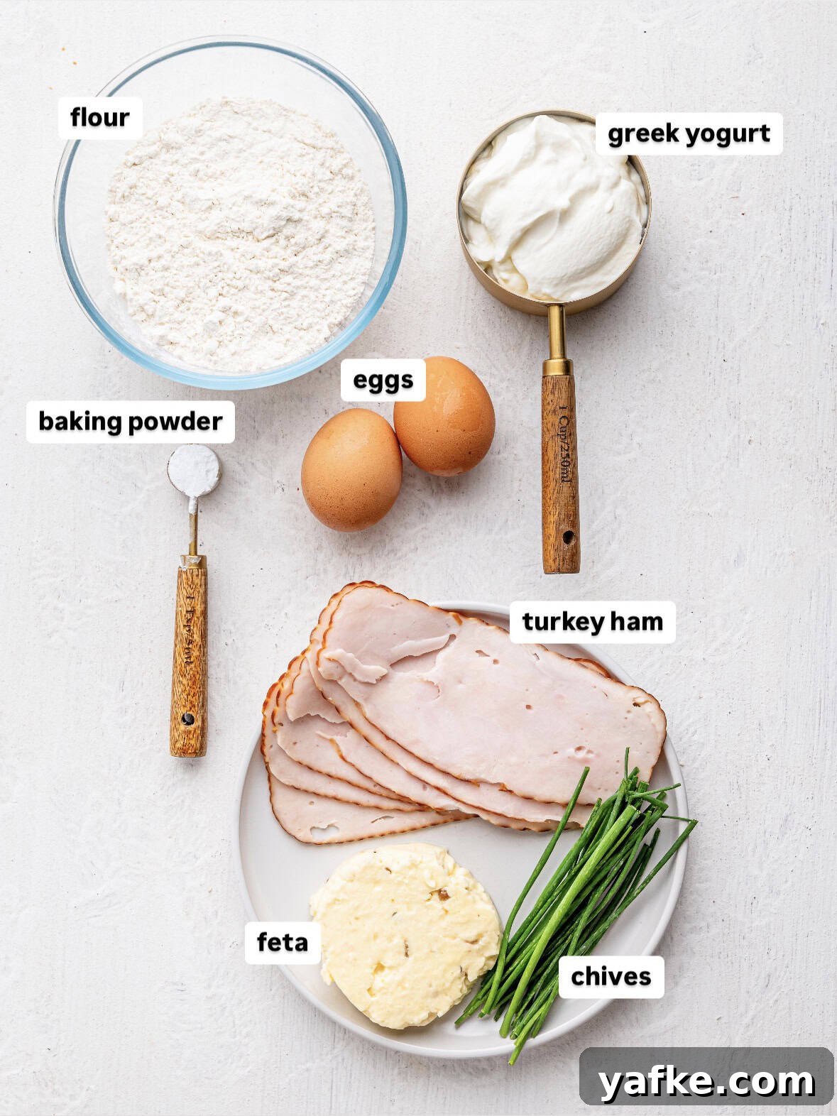 High-Protein Butter-Free Biscuits Recipe 5 Ingredients to make high protein biscuits laid out on a table-top.