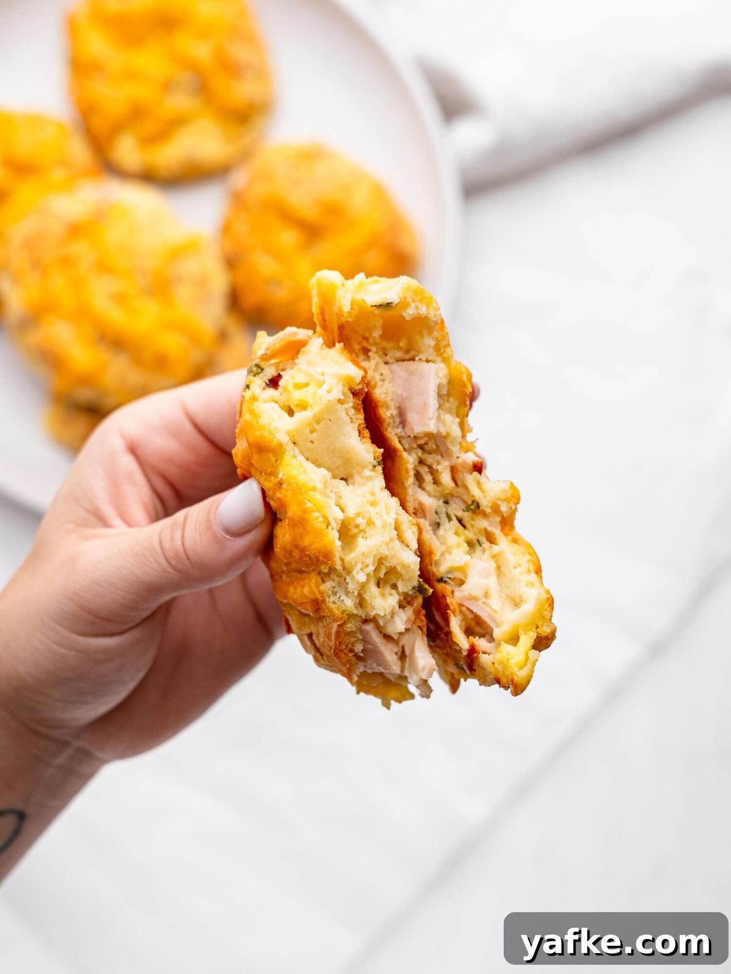 High-Protein Butter-Free Biscuits Recipe 6 A hand holding a protein bagel broken in half.