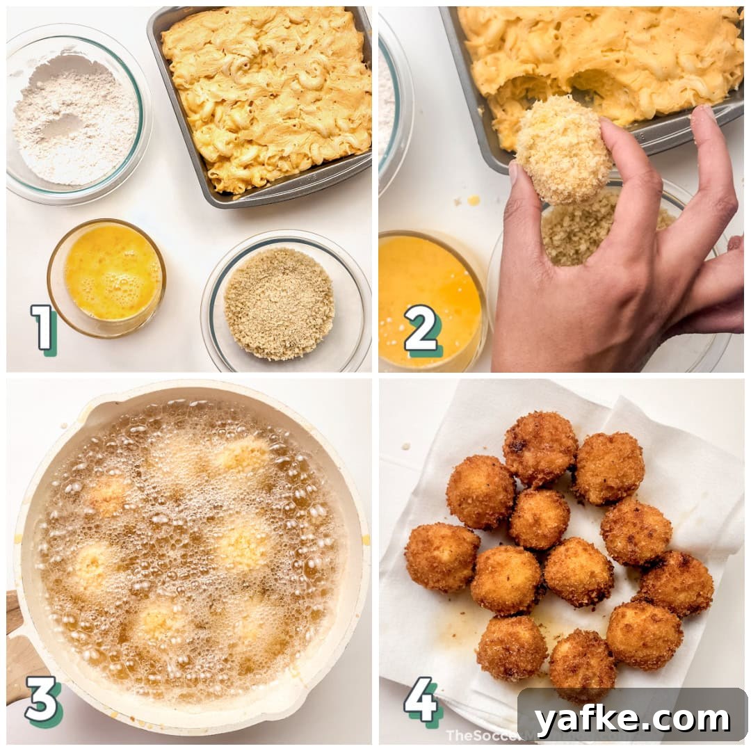 Crispy Fried Mac and Cheese Balls Recipe with Gooey Center 4 4 step photo collage showing how to make fried mac and cheese balls.