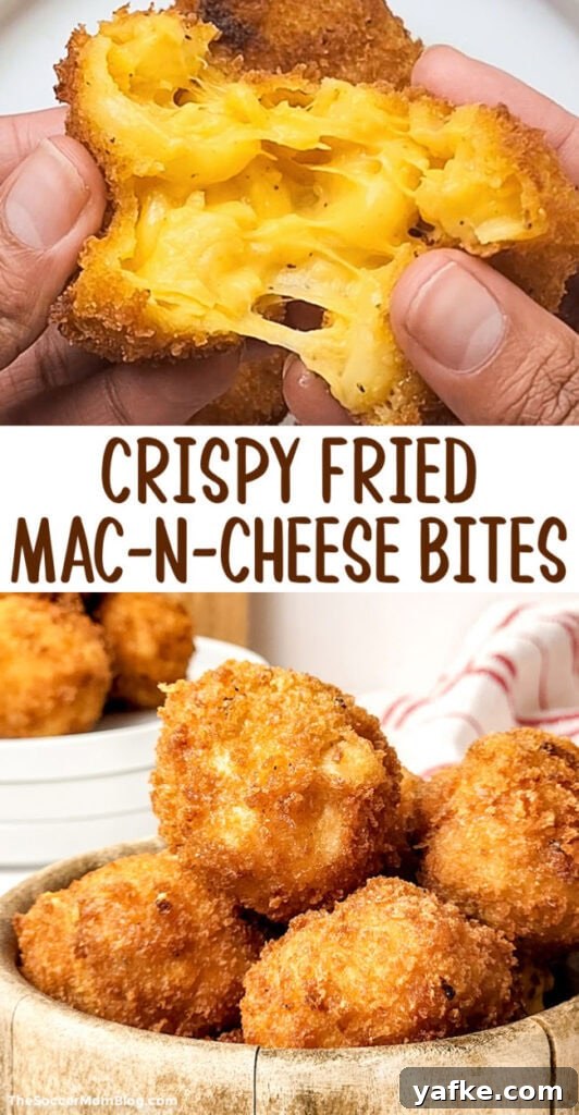 Crispy Fried Mac and Cheese Balls Recipe with Gooey Center 6 Crispy Fried Mac-N-Cheese Bites Pinterest Image.