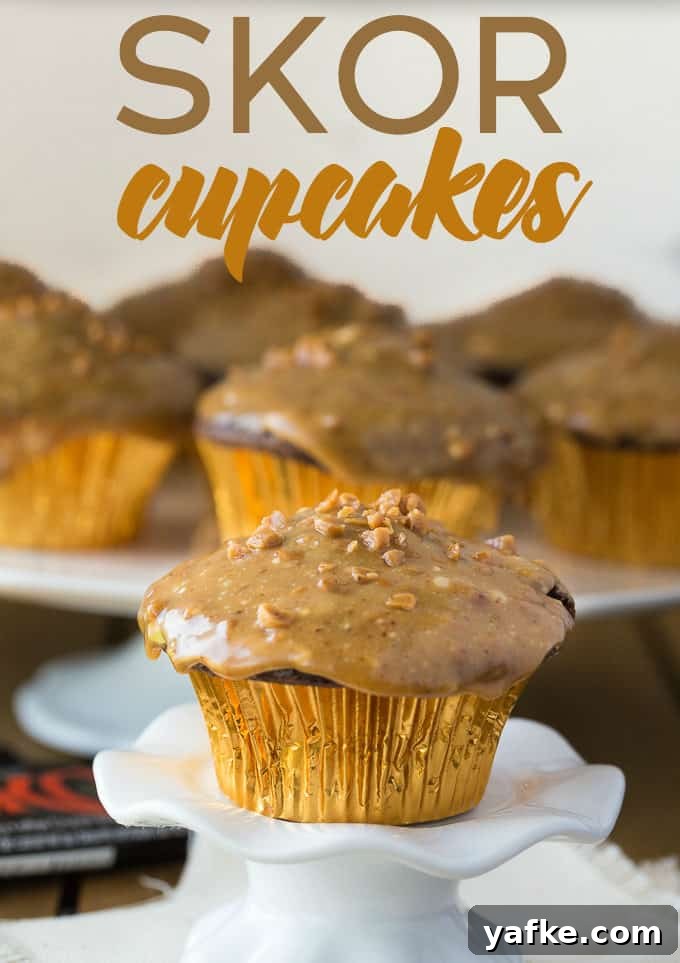 Skor Toffee Cupcakes with Chocolate Frosting Recipe 2 Skor Cupcakes - chocolate cupcakes with chopped Skor bars and toffee glaze