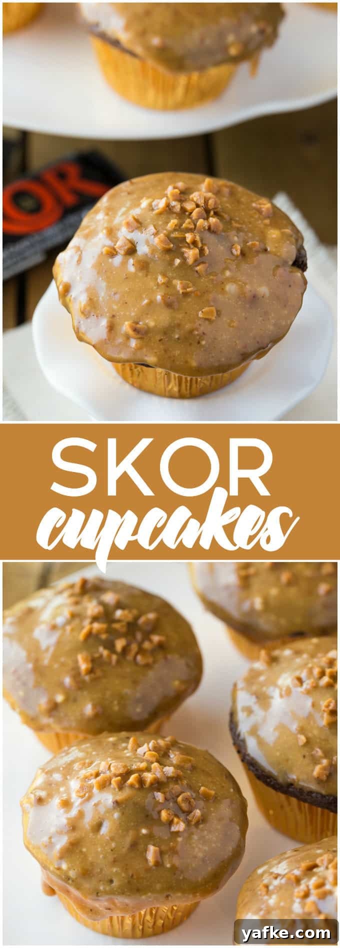 Skor Toffee Cupcakes with Chocolate Frosting Recipe 3 Skor Cupcakes collage showing toffee bits and chocolate cupcakes