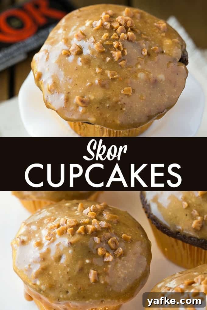 Skor Toffee Cupcakes with Chocolate Frosting Recipe 4 Skor Cupcakes finished with toffee glaze and toffee bits