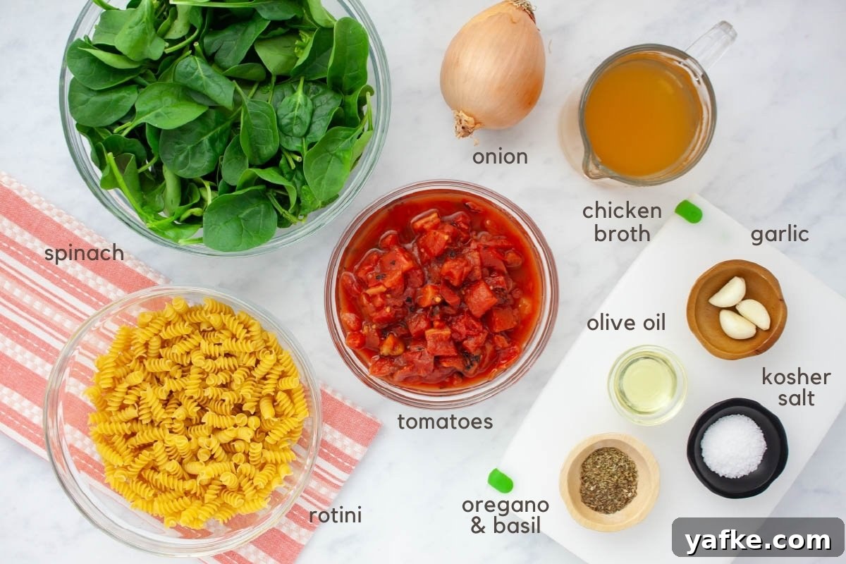 One-Pot Tomato and Spinach Pasta Recipe 3 Ingredients for Tomato Basil Pasta (fresh spinach, rotini, diced fire-roasted tomatoes, an onion, chicken broth, garlic cloves, olive oil, basil and oregano, and kosher salt).