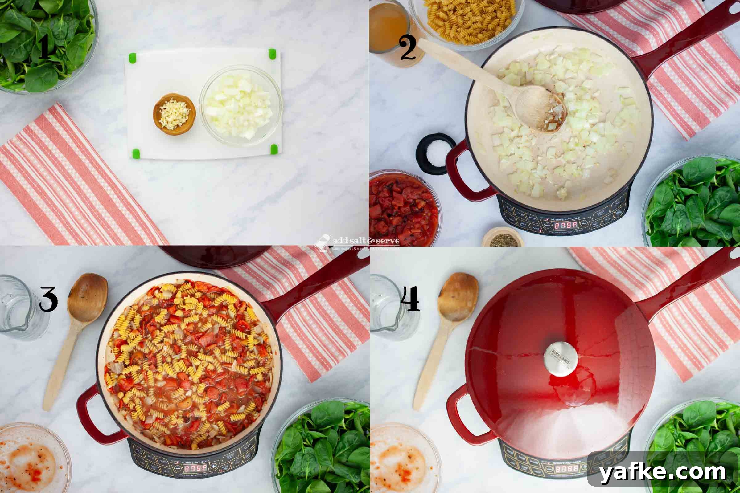 One-Pot Tomato and Spinach Pasta Recipe 4 Composite image showing steps: chopped garlic and onion, onions and garlic sautéing, pasta and tomatoes added, skillet with lid.