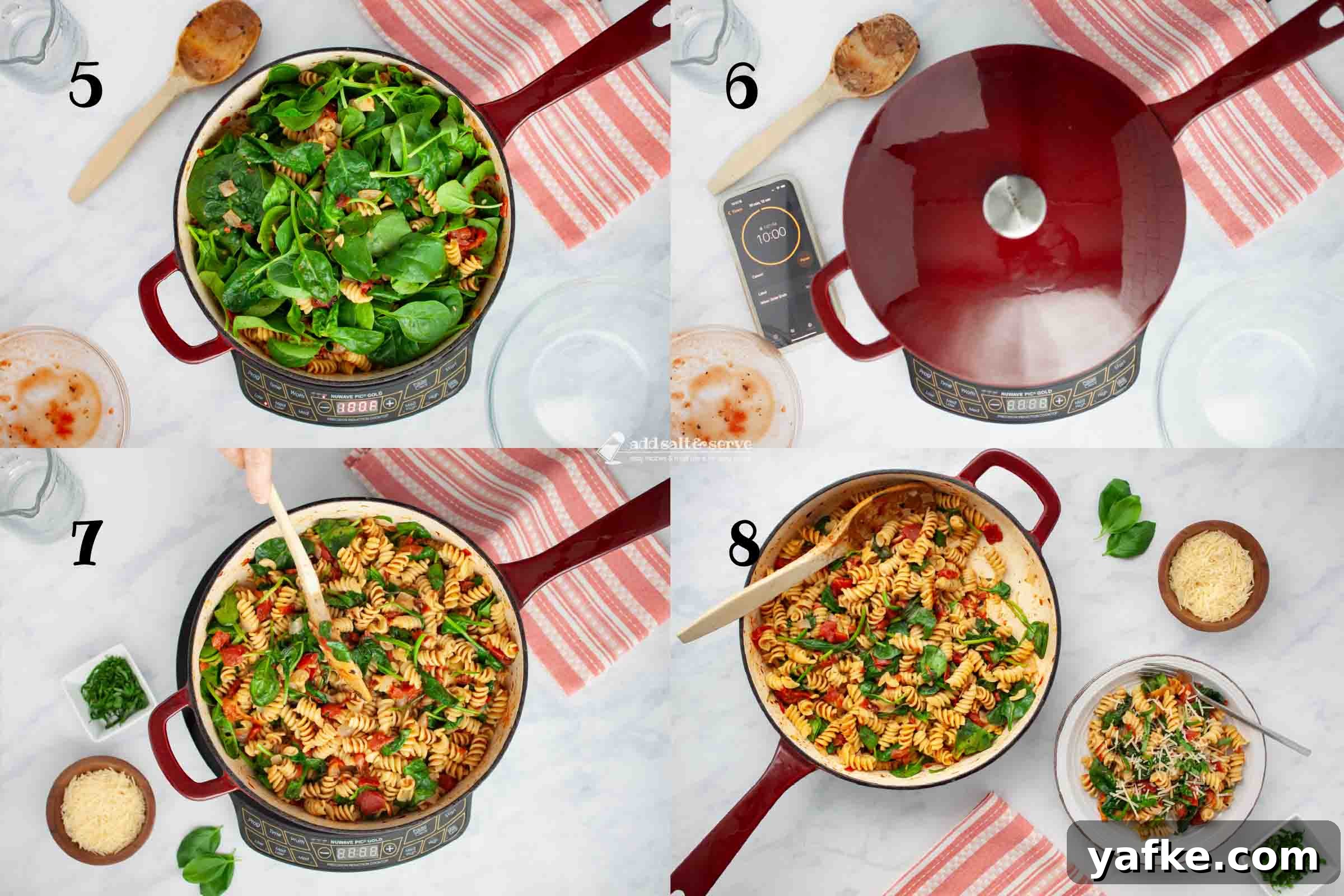 One-Pot Tomato and Spinach Pasta Recipe 5 Finished tomato Spinach Pasta in a skillet and plated, garnished with Parmesan and basil.