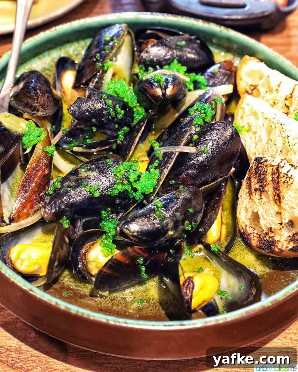 Bold Banff Adventures: What to Do in Banff National Park 11 green tea mussels with bread in a bowl.