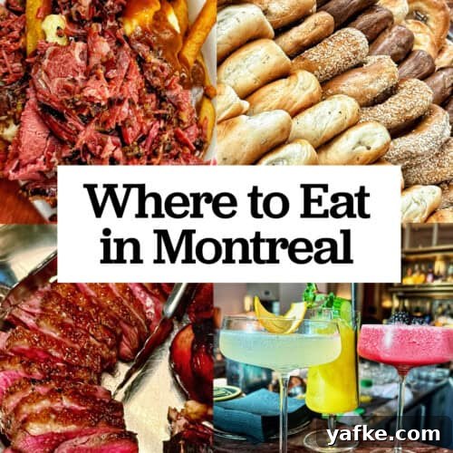 poutine, Montreal bagels, ribeye, cocktails with title text overlay.