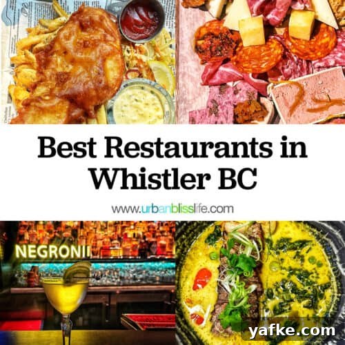 fish and chips, green curry, cocktail and bar, and charcuterie board with title text that reads "Best Restaurants in Whistler BC."