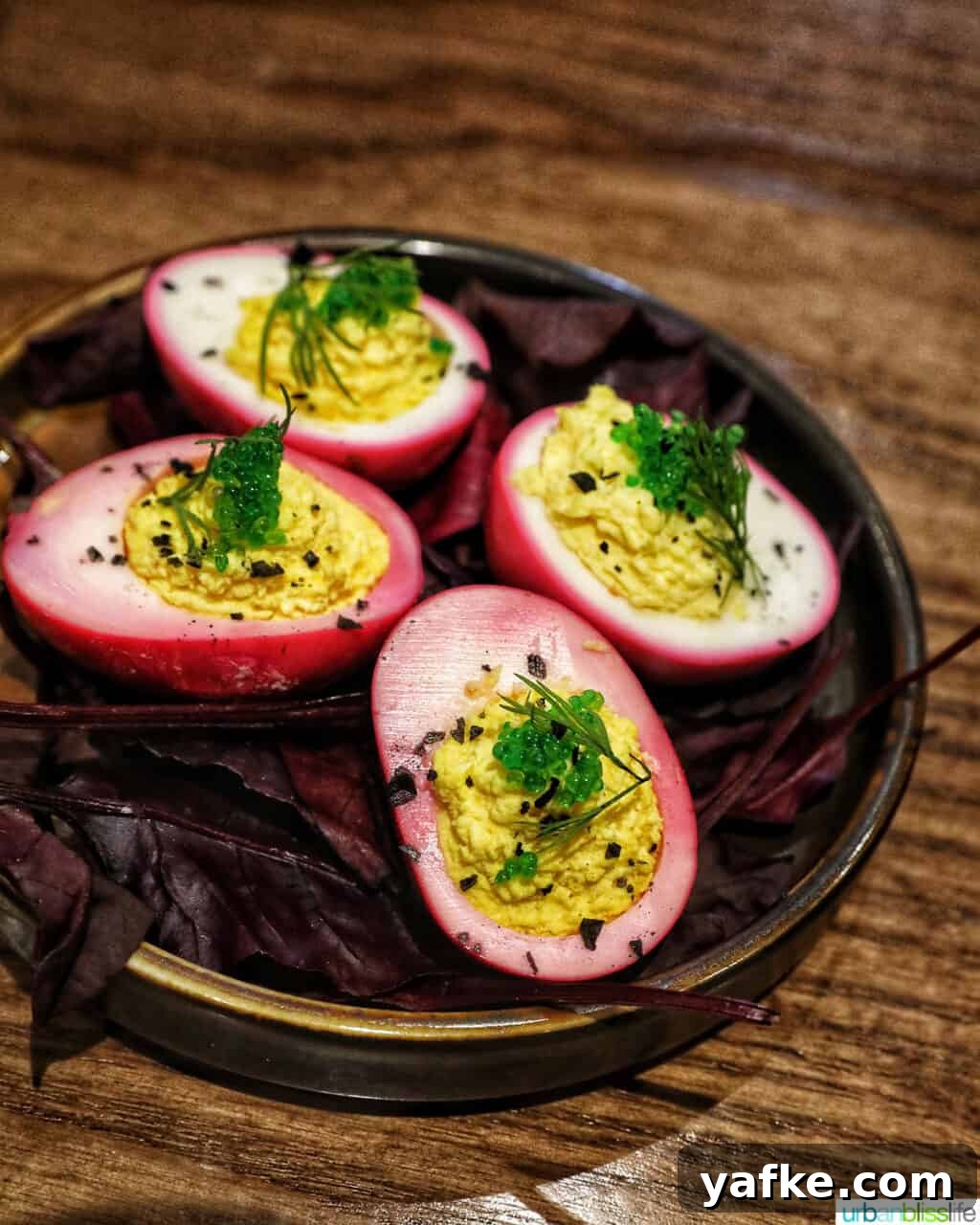 Bold Banff Adventures: What to Do in Banff National Park 5 pickled deviled eggs on a dark plate.