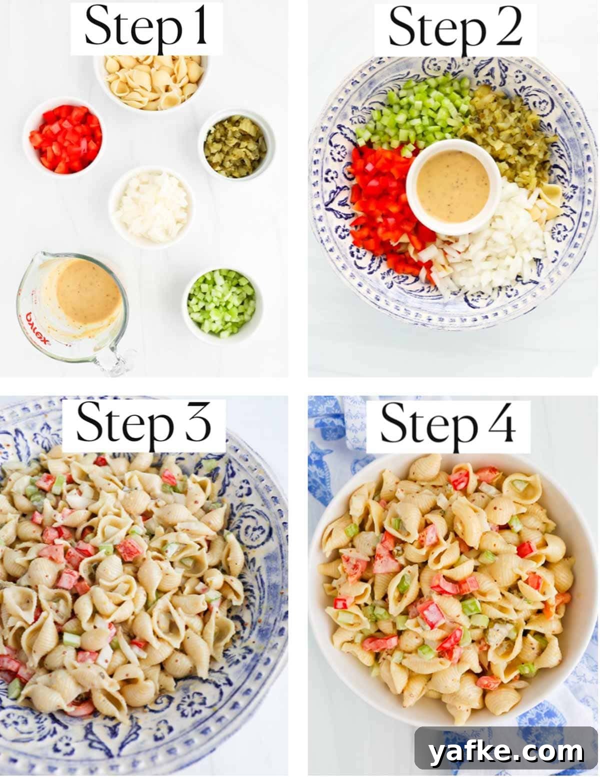 Creamy Vegan Macaroni Salad Recipe 5 Collage showing recipe steps for macaroni salad