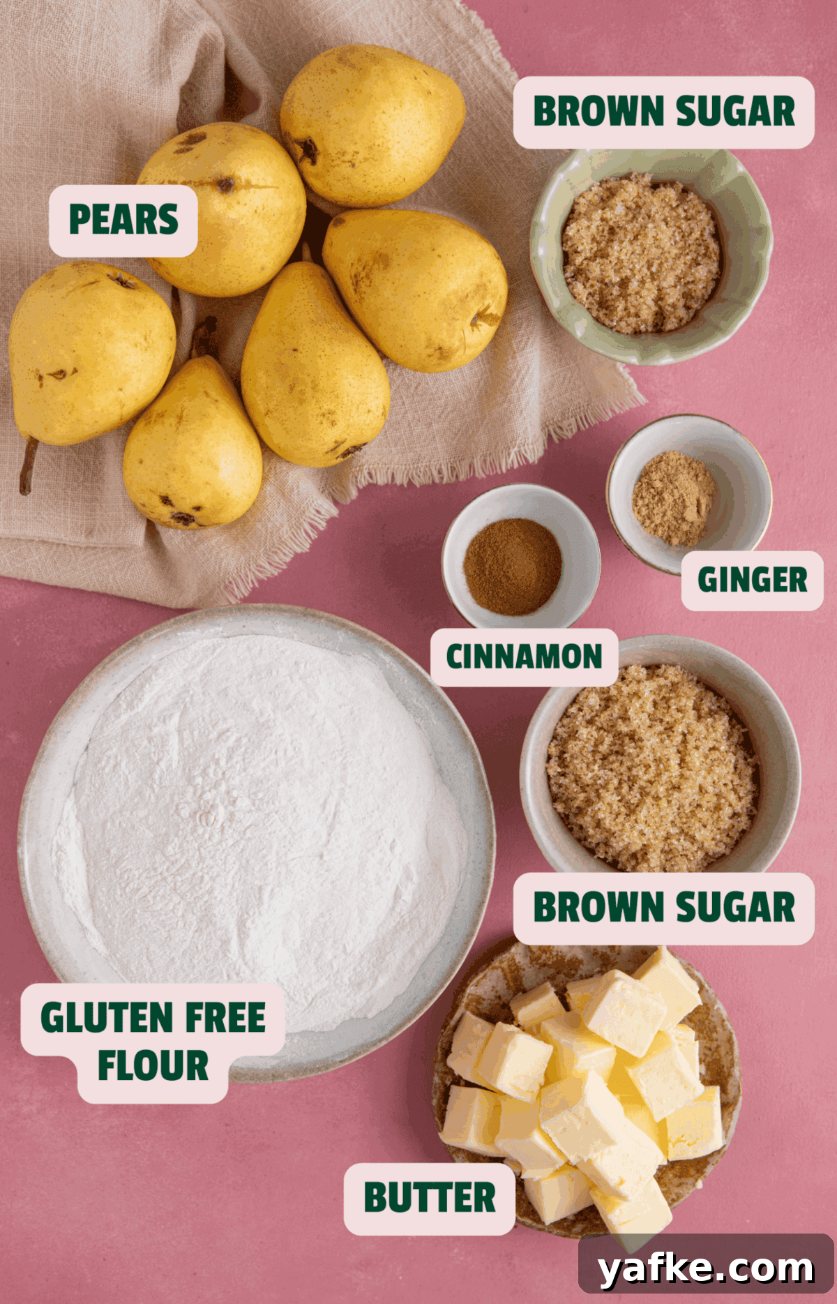 Gluten-Free Pear Crumble Recipe with Cinnamon Streusel 4 Ingredients for a gluten free pear crumble with text labels.