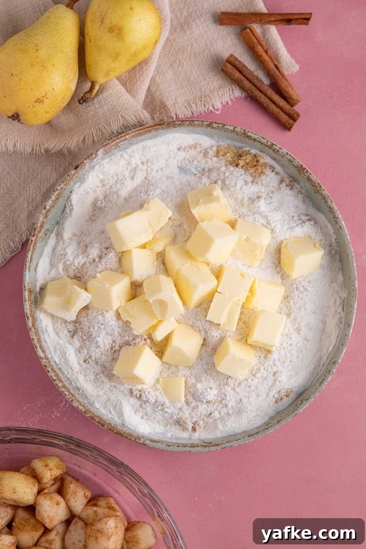 Gluten-Free Pear Crumble Recipe with Cinnamon Streusel 6 Add the cubes of cold butter into the gluten free flour and sugar.
