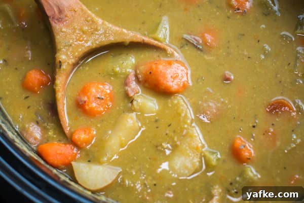 Hearty Slow Cooker Split Pea Stew Recipe 4 ultra close up shot of split peas stew with large chunks of carrots and potatoes.